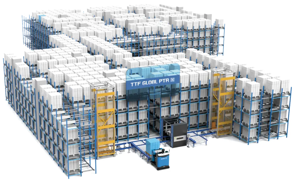 Overhead view of a modern, automated smart warehouse in Rawang, Selangor, Malaysia, filled with rows of white palletized goods on blue and yellow racking systems. Automated guided vehicles (AGVs) are navigating the aisles, indicating an efficient storage and retrieval system. A sign reads 'TTF GLOBAL PTR'
